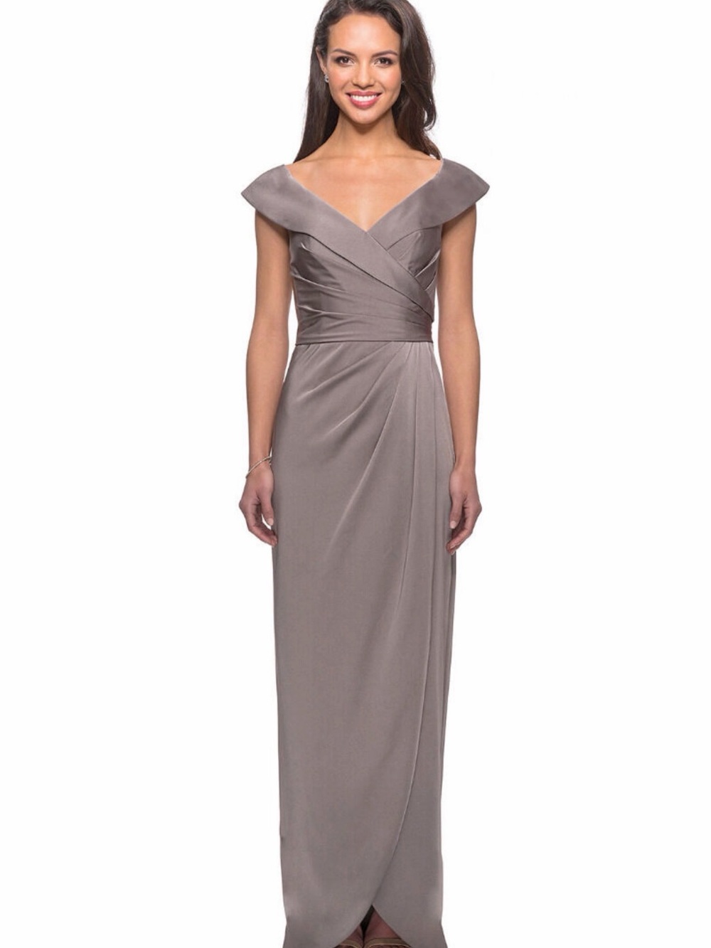 La Femme Taupe Off-Shoulder Maxi Gown
